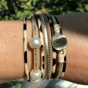 Animal Print Gold & Pearl Leather Layered Magnetic Bracelet NWT